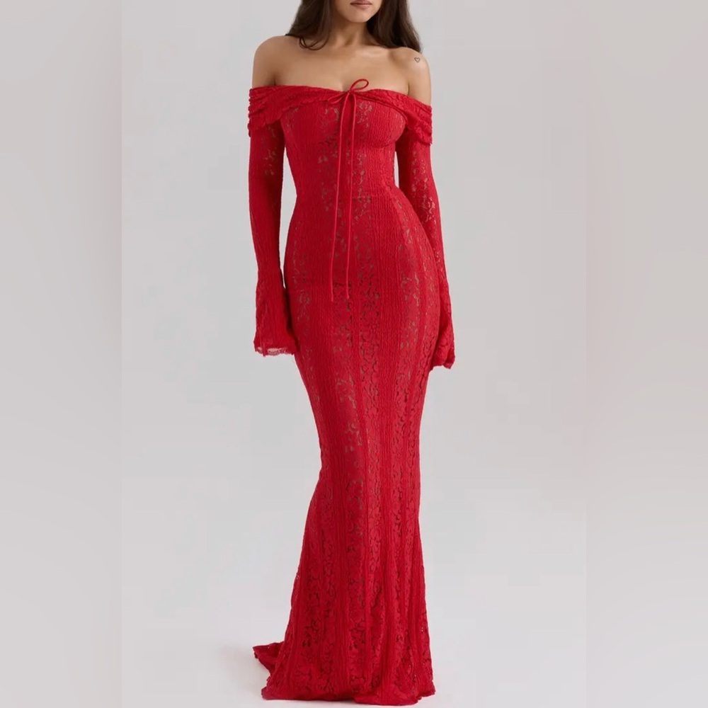 House of CB Belle Off the Shoulder Long Sleeve Mermaid Gown RED - Picture 4 of 7